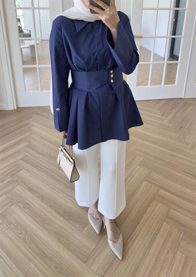 Elsia Geniş Gold Düğmeli Gömlek Lacivert