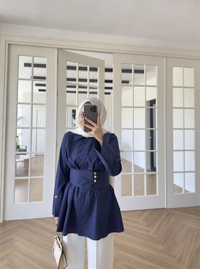 Elsia Geniş Gold Düğmeli Gömlek Lacivert