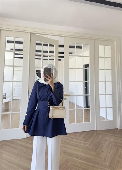 Elsia Geniş Gold Düğmeli Gömlek Lacivert