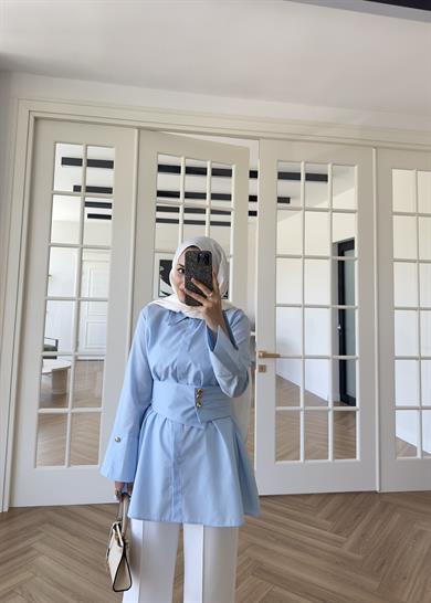 Elsia Geniş Gold Düğmeli Gömlek Mavi