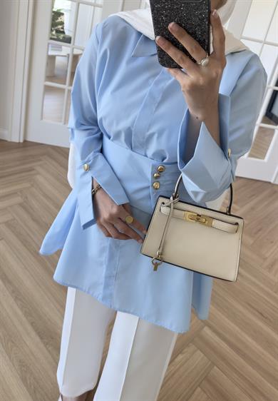 Elsia Geniş Gold Düğmeli Gömlek Mavi