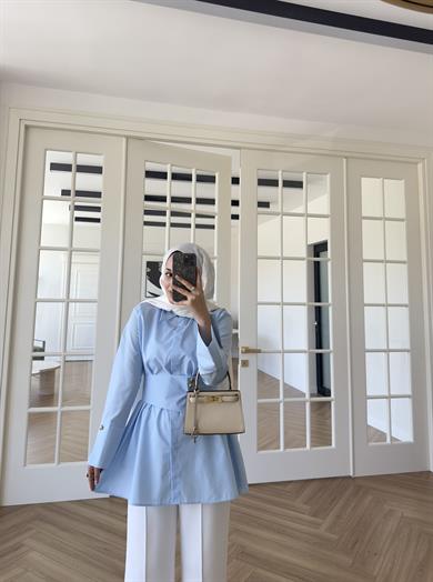 Elsia Geniş Gold Düğmeli Gömlek Mavi