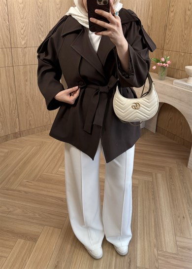 Eris Fularlı Kısa Trenç Kahverengi