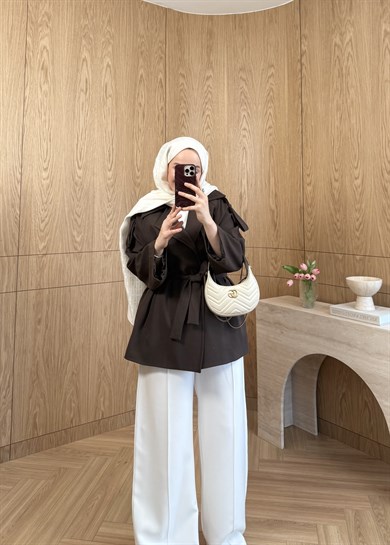 Eris Fularlı Kısa Trenç Kahverengi