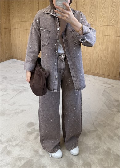 Eskitme Efektli Taşlı Jean Kahverengi