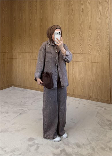 Eskitme Efektli Taşlı Jean Kahverengi