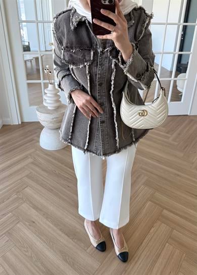 Bel Vurgulu Denim Ceket Kahverengi