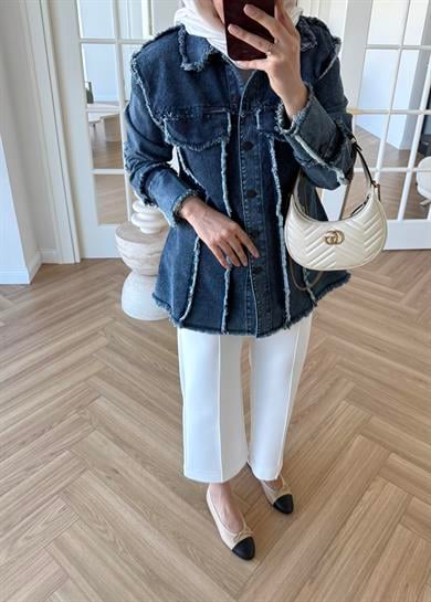 Bel Vurgulu Denim Ceket Lacivert