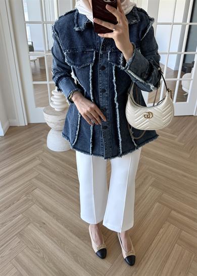 Bel Vurgulu Denim Ceket Lacivert