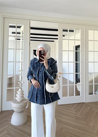 Bel Vurgulu Denim Ceket Lacivert