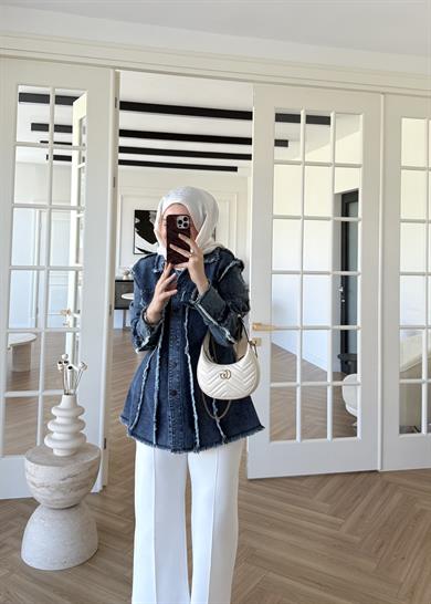 Bel Vurgulu Denim Ceket Lacivert