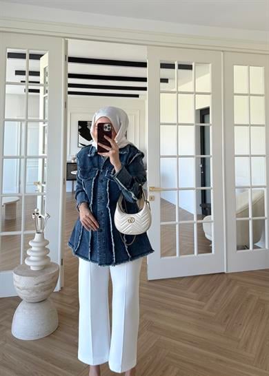 Bel Vurgulu Denim Ceket Lacivert