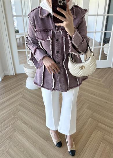 Bel Vurgulu Denim Ceket Bordo
