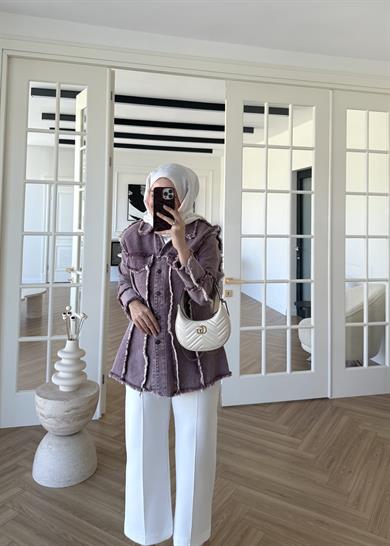 Bel Vurgulu Denim Ceket Bordo