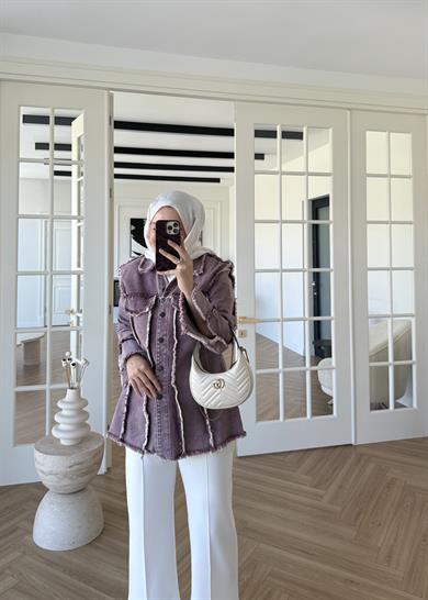 Bel Vurgulu Denim Ceket Bordo