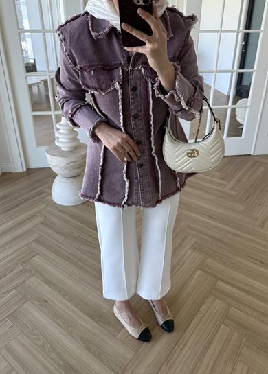 Bel Vurgulu Denim Ceket Bordo