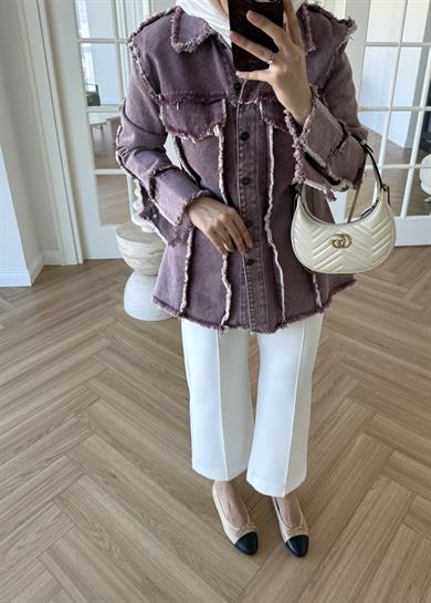 Bel Vurgulu Denim Ceket Bordo