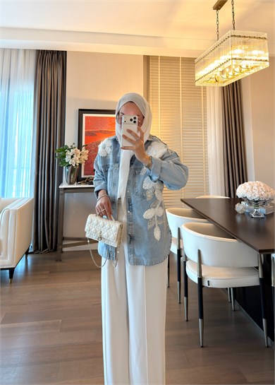 Floral Nakış İşlemeli Denim Ceket Mavi