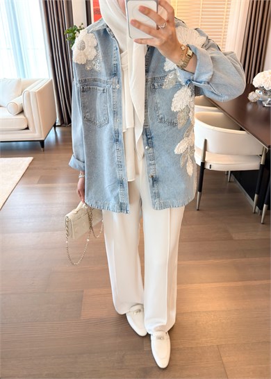 Floral Nakış İşlemeli Denim Ceket Mavi