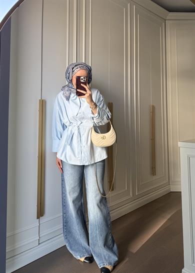 Fular Yakalı Bebe Mavi Poplin Gömlek