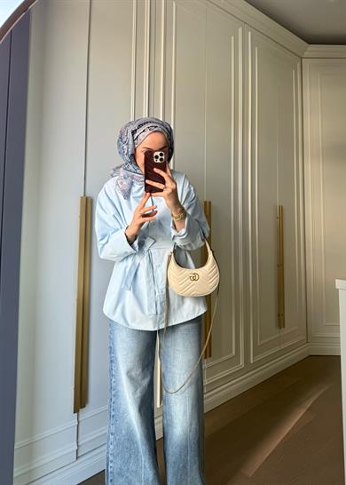 Fular Yakalı Bebe Mavi Poplin Gömlek