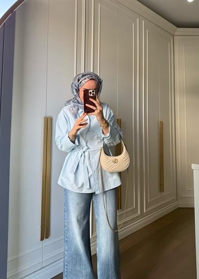 Fular Yakalı Bebe Mavi Poplin Gömlek