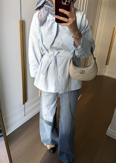 Fular Yakalı Bebe Mavi Poplin Gömlek