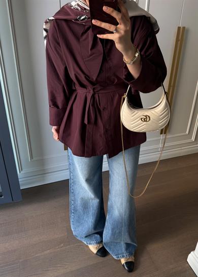 Fular Yakalı Mürdüm Poplin Gömlek