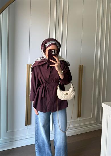 Fular Yakalı Mürdüm Poplin Gömlek