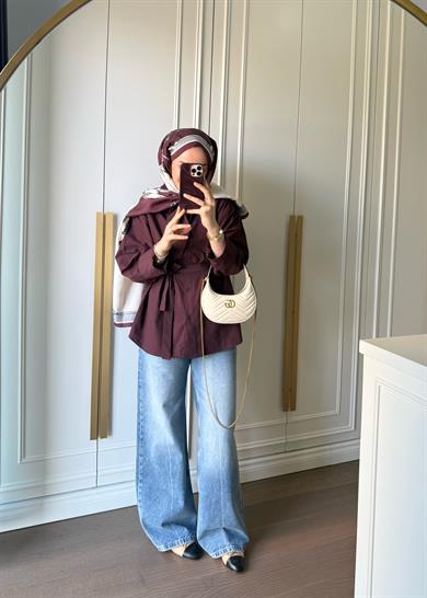 Fular Yakalı Mürdüm Poplin Gömlek