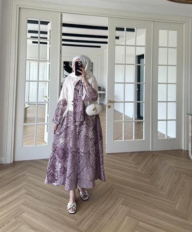 Fularlı Keten Elbise Mürdüm