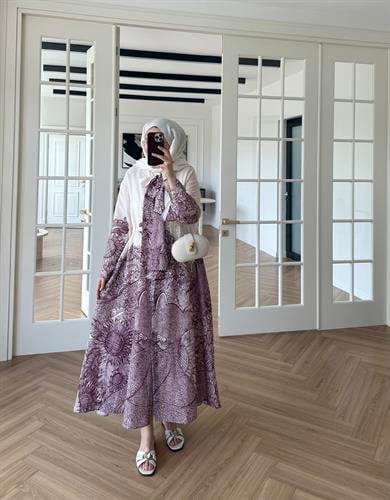 Fularlı Keten Elbise Mürdüm