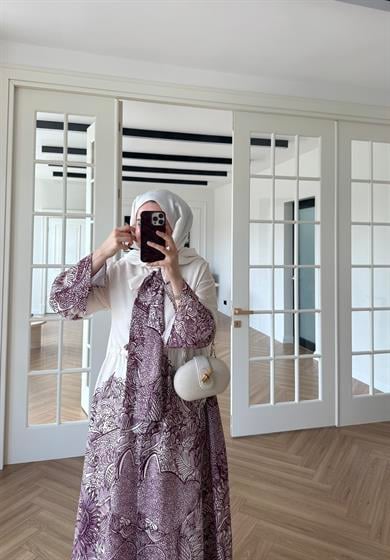 Fularlı Keten Elbise Mürdüm