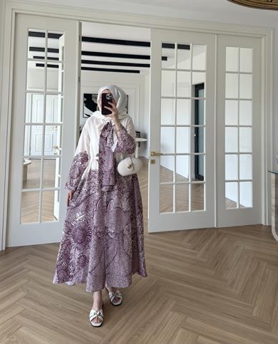 Fularlı Keten Elbise Mürdüm