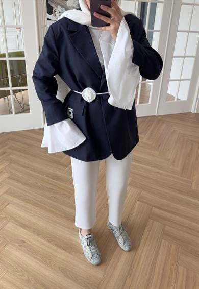 Garnili Kolu Pileli Ceket Lacivert