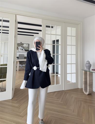 Garnili Kolu Pileli Ceket Lacivert