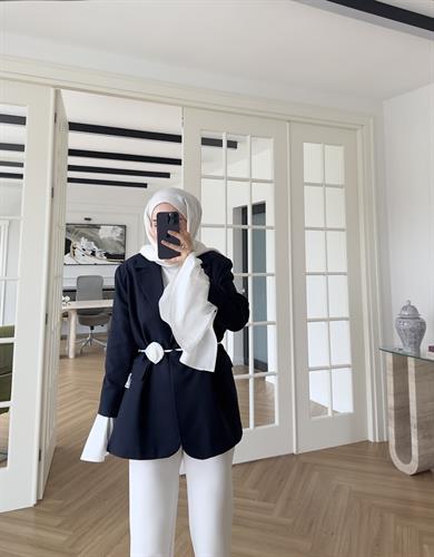 Garnili Kolu Pileli Ceket Lacivert