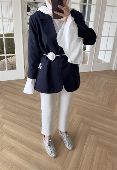 Garnili Kolu Pileli Ceket Lacivert