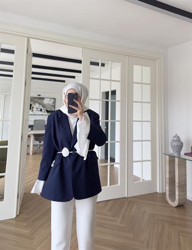 Garnili Kolu Pileli - Çizgili Ceket İndigo