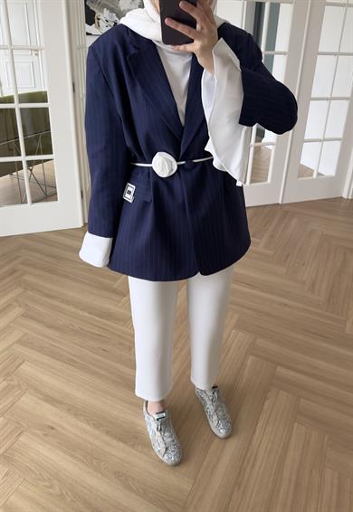 Garnili Kolu Pileli - Çizgili Ceket İndigo