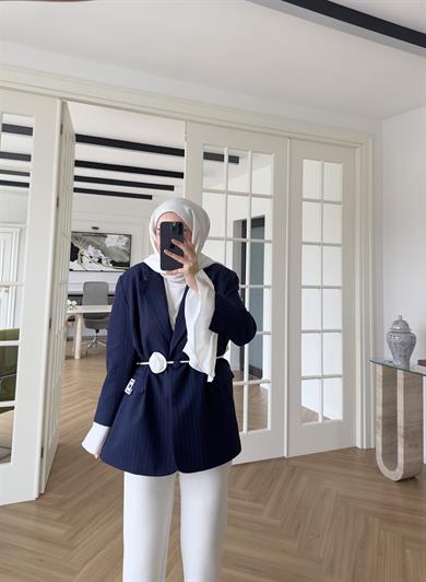 Garnili Kolu Pileli - Çizgili Ceket İndigo