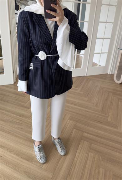 Garnili Kolu Pileli - Çizgili Ceket Lacivert