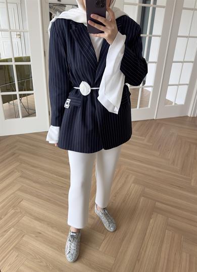 Garnili Kolu Pileli - Çizgili Ceket Lacivert