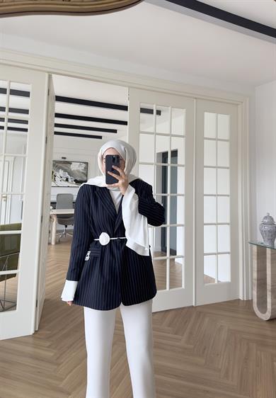 Garnili Kolu Pileli - Çizgili Ceket Lacivert