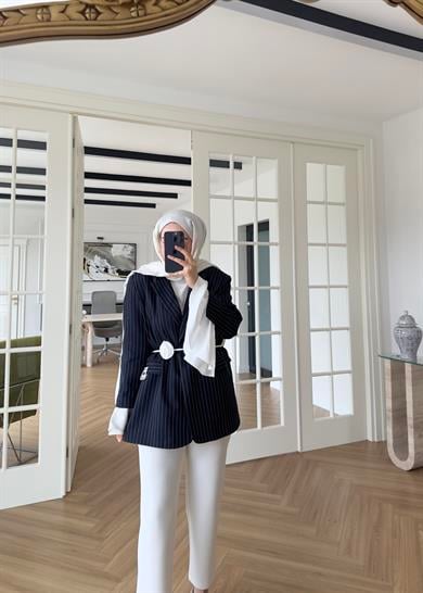 Garnili Kolu Pileli - Çizgili Ceket Lacivert