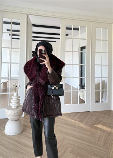 Geniş Kürk Yaka Detaylı Mont Mürdüm