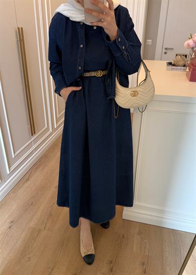 Gömlekli Kolsuz Elbiseli Denim Takım Lacivert