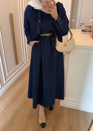 Gömlekli Kolsuz Elbiseli Denim Takım Lacivert