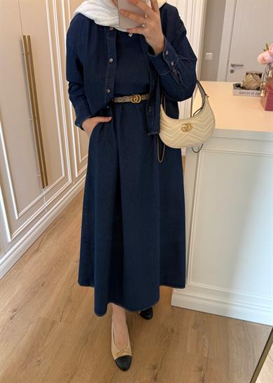 Gömlekli Kolsuz Elbiseli Denim Takım Lacivert