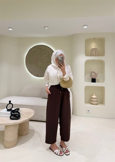Havuç Kesim Çımalı Krep Pantolon Kahverengi